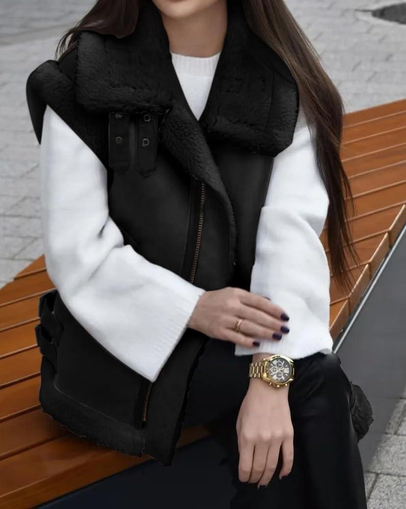imageloveimgs Womens Winter Warm Suede Sherpa Leather Vest Jacket Zip Up Sleeveless Lambwool Fur Coat with PocketsBlack