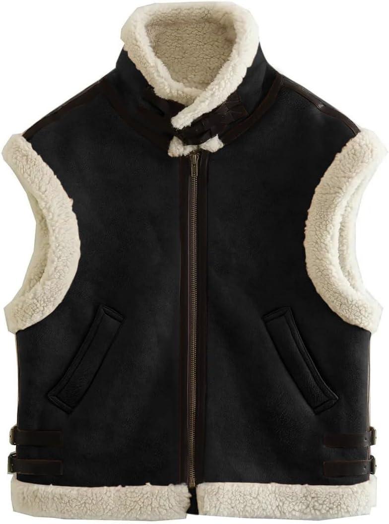imageloveimgs Womens Winter Warm Suede Sherpa Leather Vest Jacket Zip Up Sleeveless Lambwool Fur Coat with PocketsBlack White