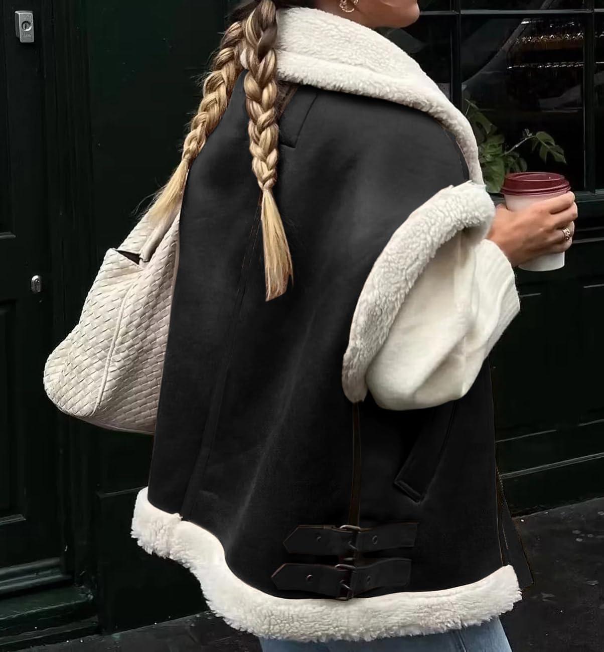 imageloveimgs Womens Winter Warm Suede Sherpa Leather Vest Jacket Zip Up Sleeveless Lambwool Fur Coat with PocketsBlack White