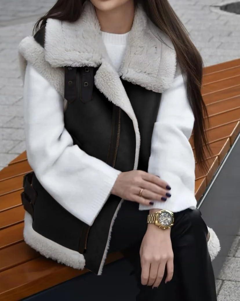 imageloveimgs Womens Winter Warm Suede Sherpa Leather Vest Jacket Zip Up Sleeveless Lambwool Fur Coat with PocketsBlack White