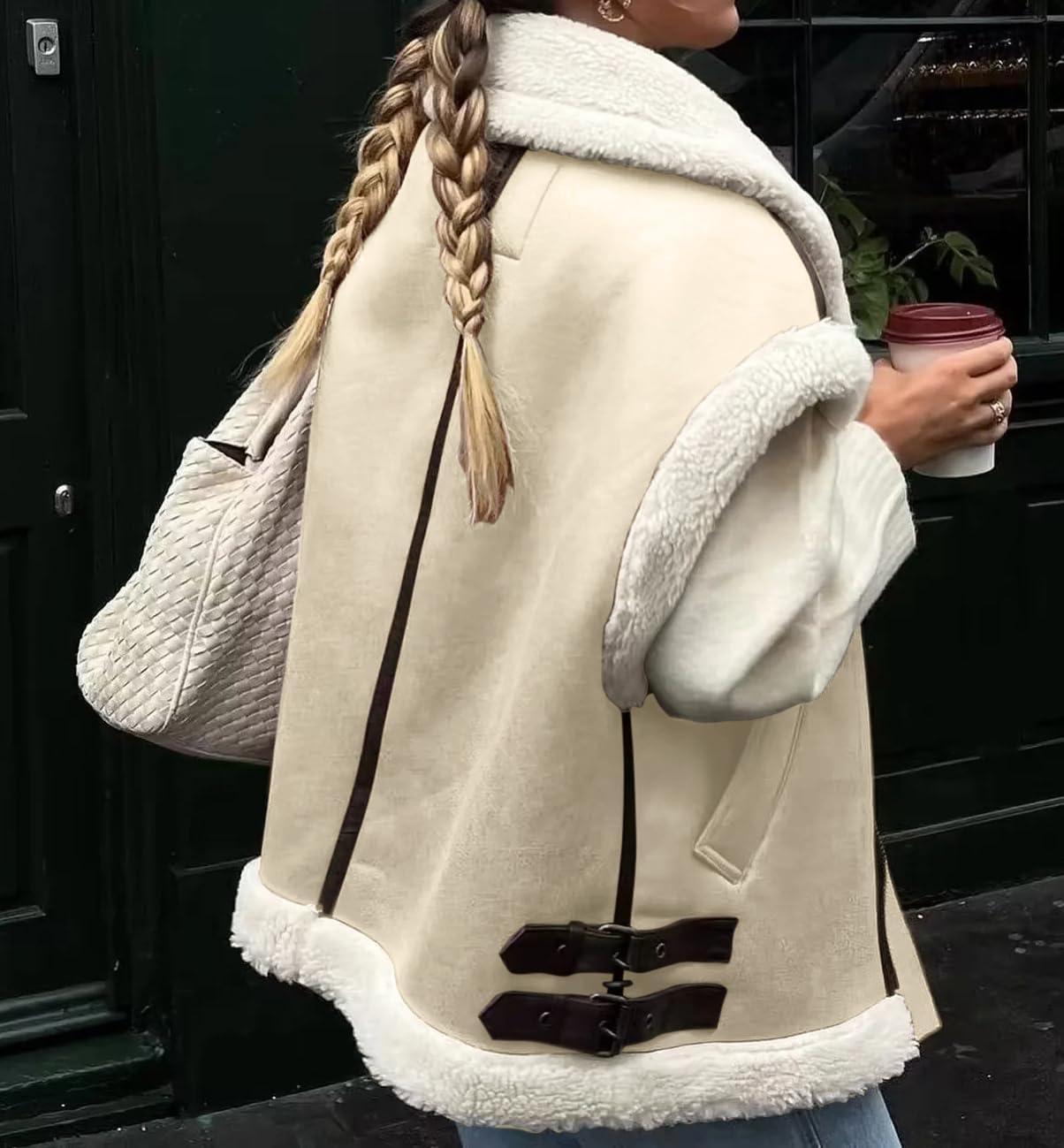 imageloveimgs Womens Winter Warm Suede Sherpa Leather Vest Jacket Zip Up Sleeveless Lambwool Fur Coat with PocketsIvory