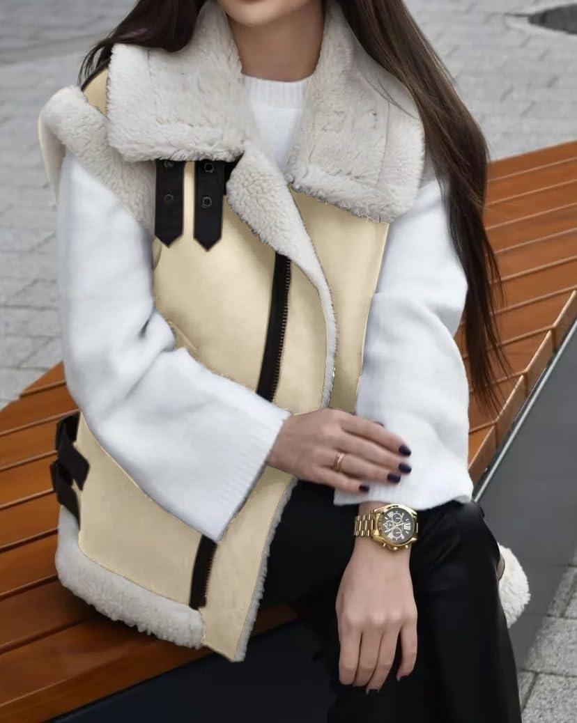 imageloveimgs Womens Winter Warm Suede Sherpa Leather Vest Jacket Zip Up Sleeveless Lambwool Fur Coat with PocketsIvory