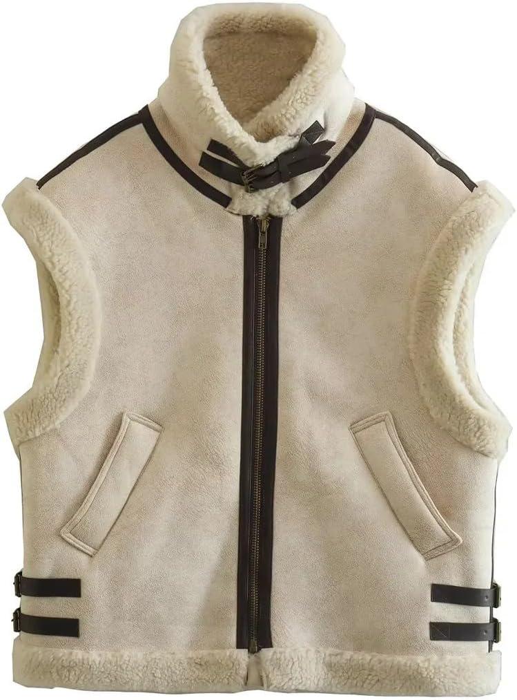 imageloveimgs Womens Winter Warm Suede Sherpa Leather Vest Jacket Zip Up Sleeveless Lambwool Fur Coat with PocketsIvory