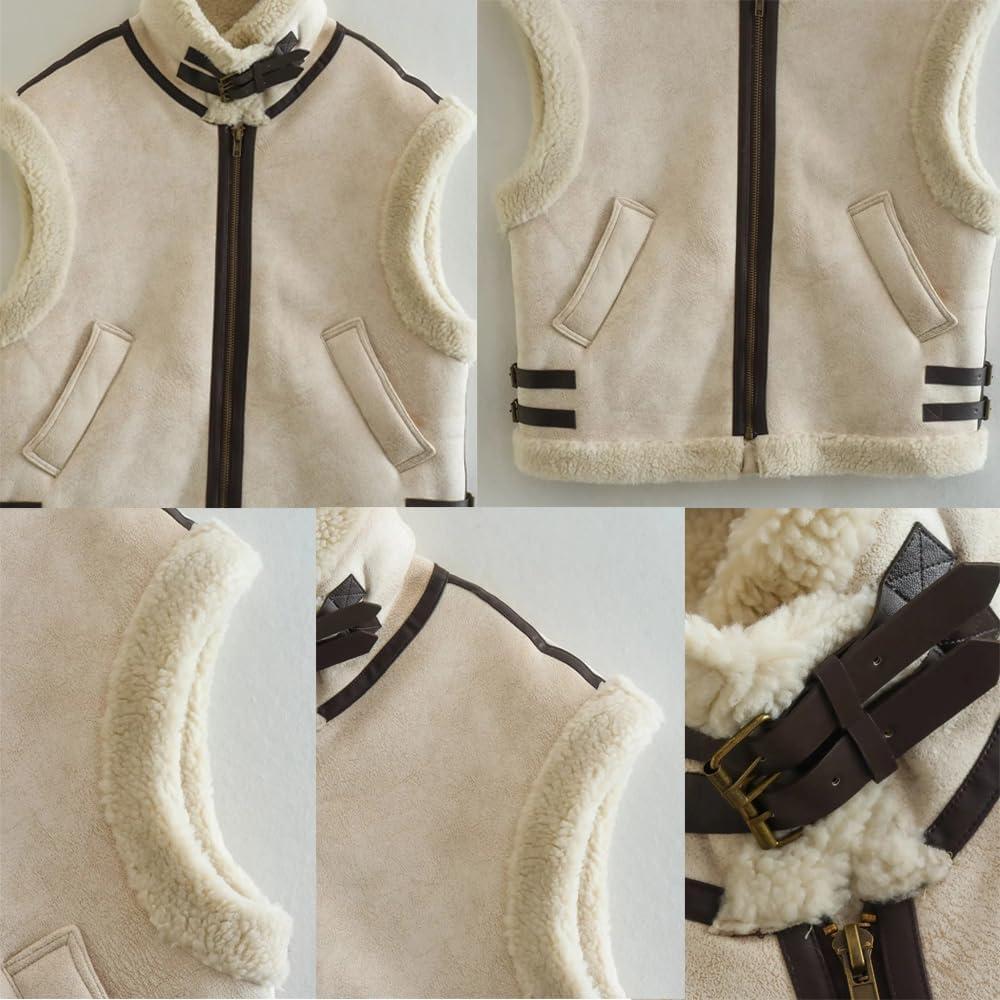 imageloveimgs Womens Winter Warm Suede Sherpa Leather Vest Jacket Zip Up Sleeveless Lambwool Fur Coat with PocketsIvory