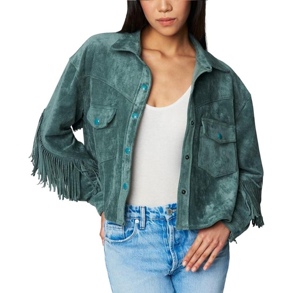 imageBLANKNYC Womens Hot Cocoa Faux Suede Fringe JacketOlive Branch