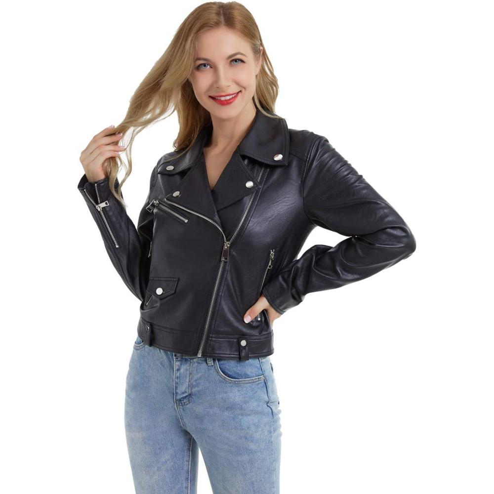 imageDIASHINY Faux Leather Jacket For Women Crop Short Cropped PU Slim Zip Up Moto Biker Coat Motorcycle Jackets013 Black