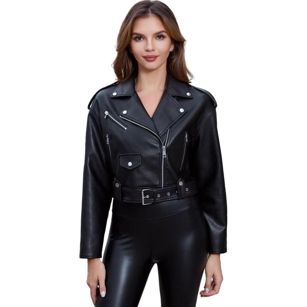 imageDIASHINY Faux Leather Jacket For Women Crop Short Cropped PU Slim Zip Up Moto Biker Coat Motorcycle Jackets127 Black