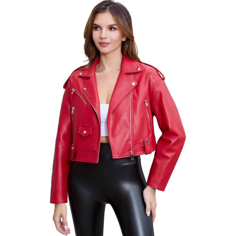 imageDIASHINY Faux Leather Jacket For Women Crop Short Cropped PU Slim Zip Up Moto Biker Coat Motorcycle Jackets127 Red