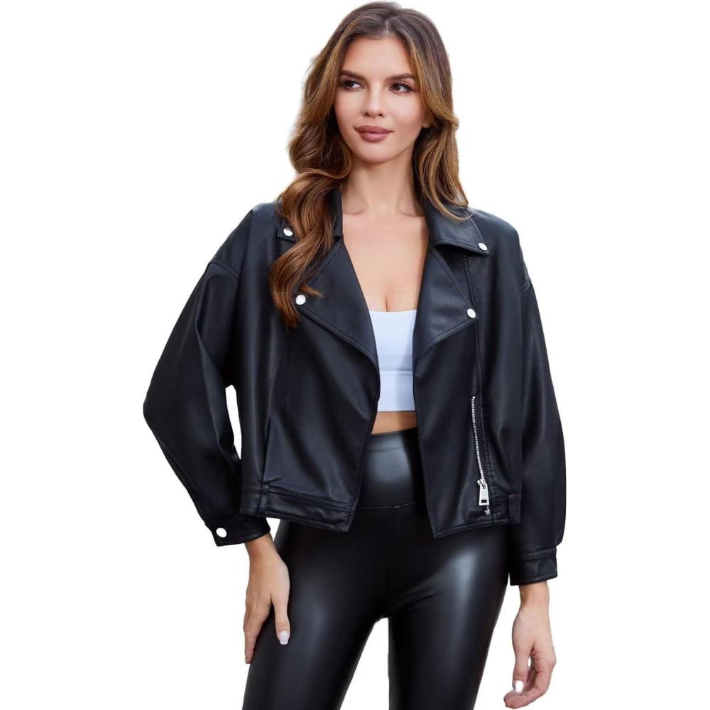 imageDIASHINY Faux Leather Jacket For Women Crop Short Cropped PU Slim Zip Up Moto Biker Coat Motorcycle Jackets129 Black