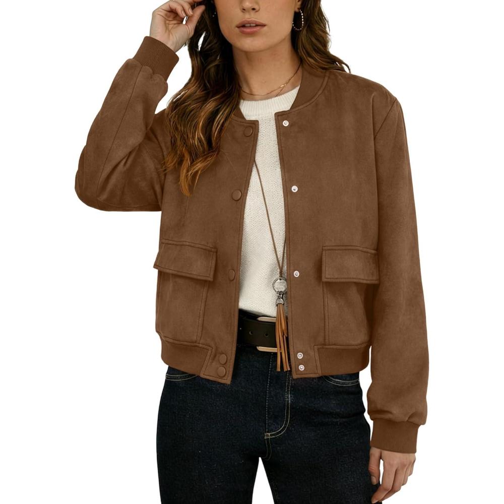 imageGRECERELLE Womens Faux Suede Leather Bomber Jacket Cropped Button Down Long Sleeve Casual Varsity Baseball With PocketsDark Coffee