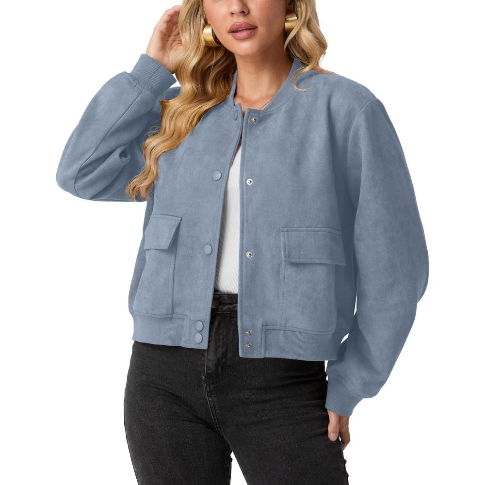 imageGRECERELLE Womens Faux Suede Leather Bomber Jacket Cropped Button Down Long Sleeve Casual Varsity Baseball With PocketsDenim Blue