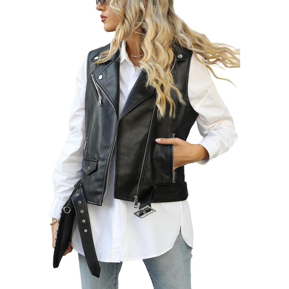 imageGiolshon Women Lapel Sleeveless Motorcycle Jacket Zip Up Waistcoat PU Leather Vest with Belt BlackBlack
