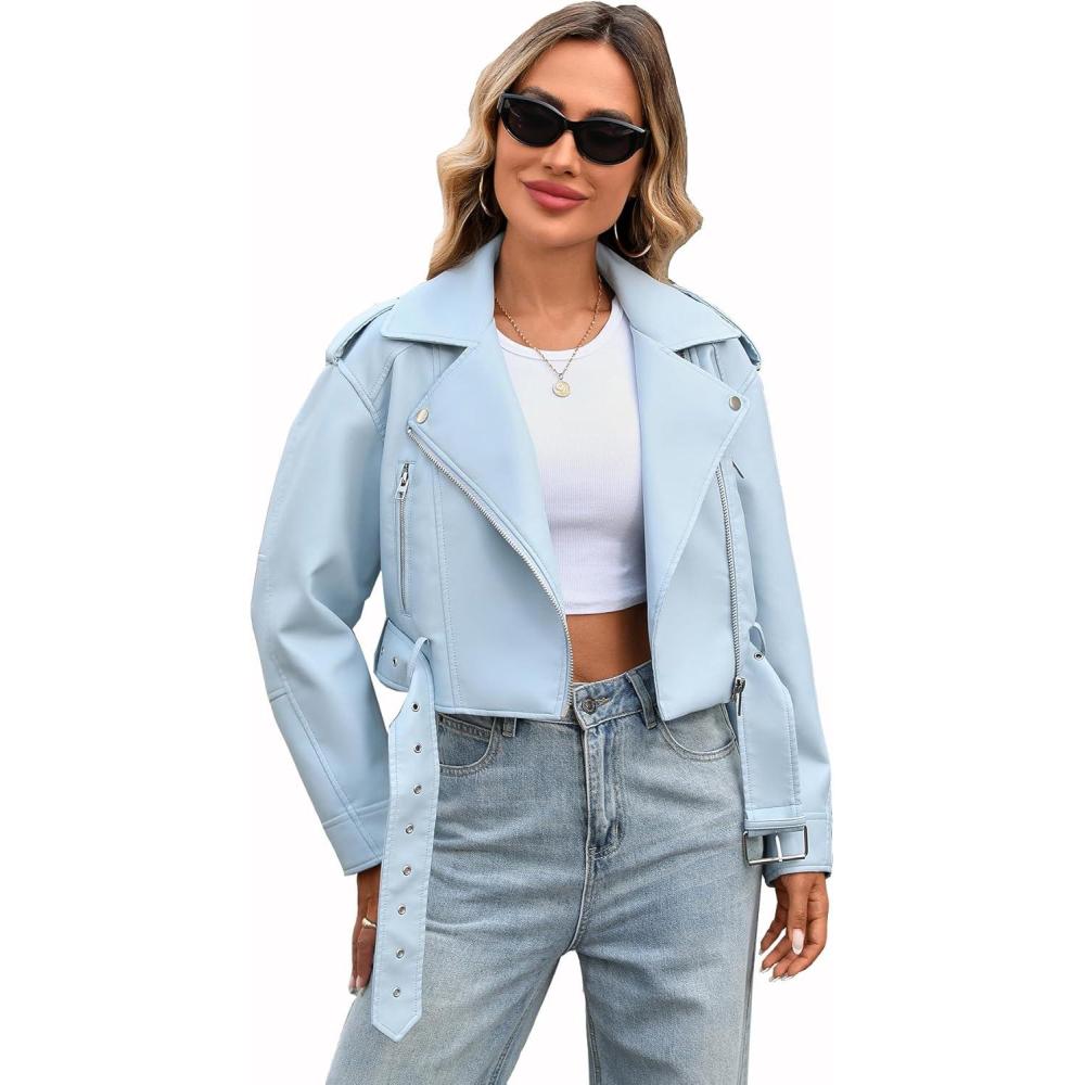 imageLY VAREY LIN Women Faux Leather Cropped Jacket Vegan Motor Biker Coat with BeltBlue