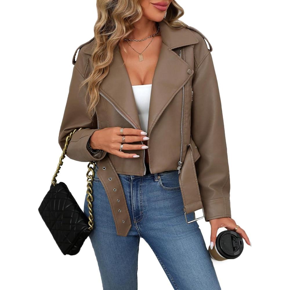 imageLY VAREY LIN Women Faux Leather Cropped Jacket Vegan Motor Biker Coat with BeltCoffee