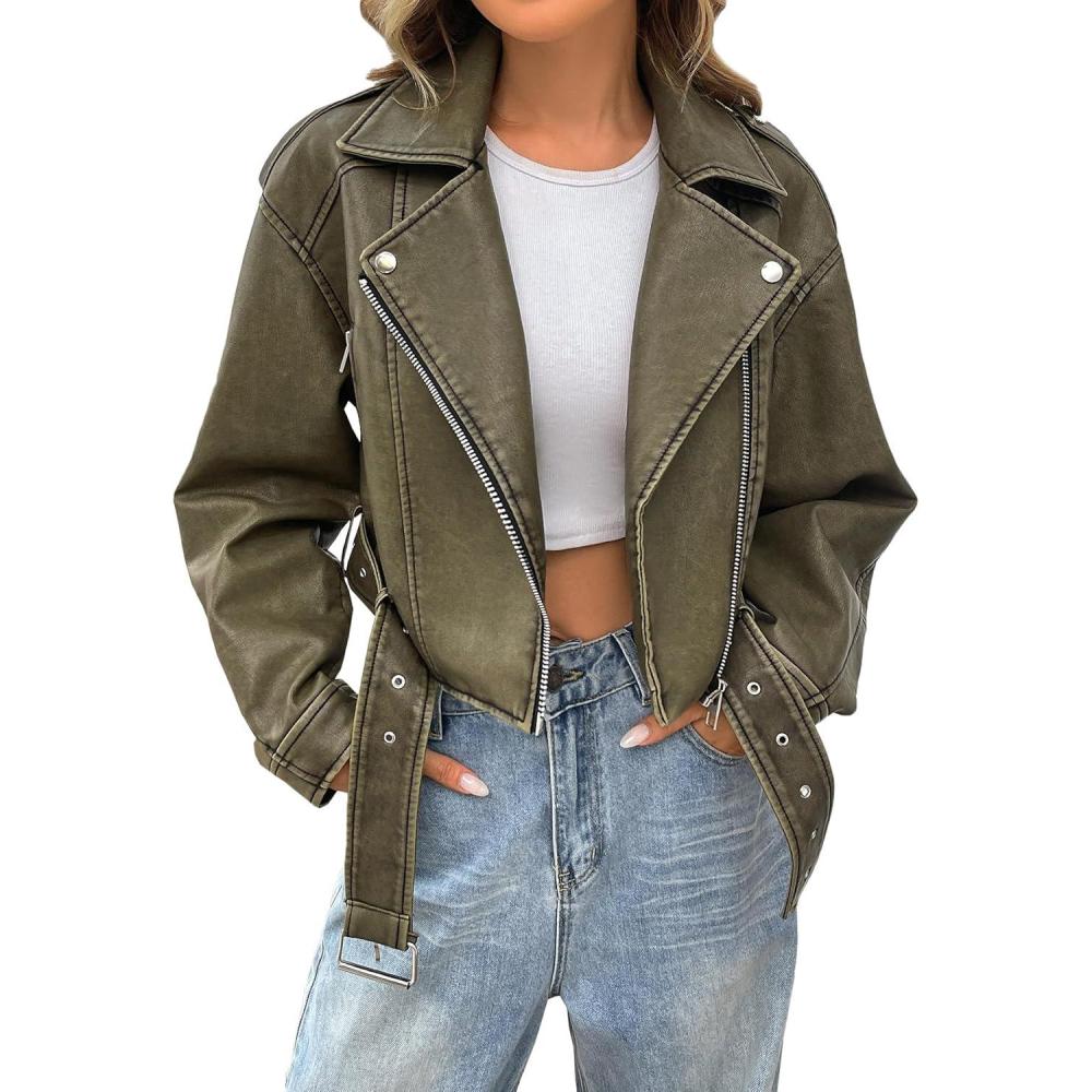 imageLY VAREY LIN Women Faux Leather Cropped Jacket Vegan Motor Biker Coat with BeltDark Green