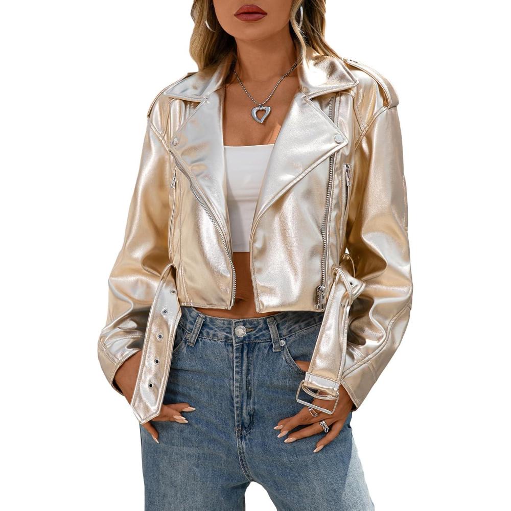 imageLY VAREY LIN Women Faux Leather Cropped Jacket Vegan Motor Biker Coat with BeltGold