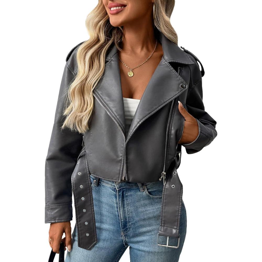 imageLY VAREY LIN Women Faux Leather Cropped Jacket Vegan Motor Biker Coat with BeltGrey