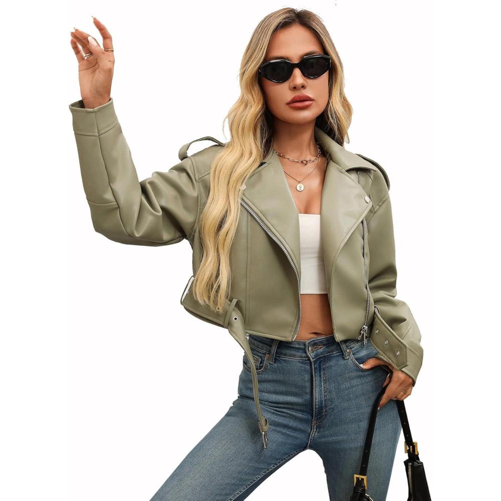 imageLY VAREY LIN Women Faux Leather Cropped Jacket Vegan Motor Biker Coat with BeltLight Green