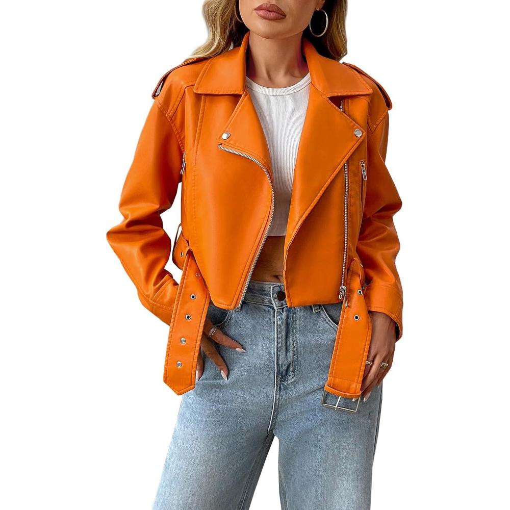 imageLY VAREY LIN Women Faux Leather Cropped Jacket Vegan Motor Biker Coat with BeltOrange