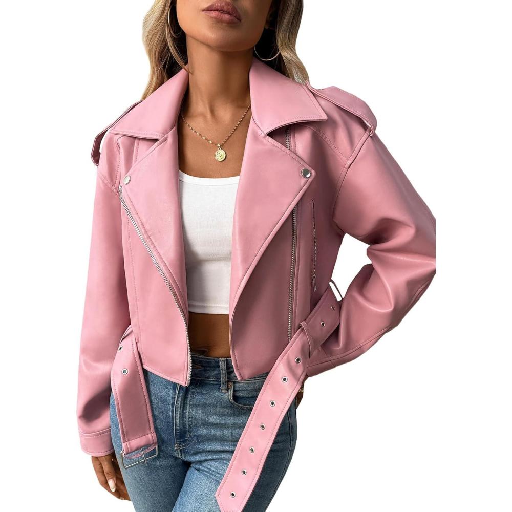 imageLY VAREY LIN Women Faux Leather Cropped Jacket Vegan Motor Biker Coat with BeltPink