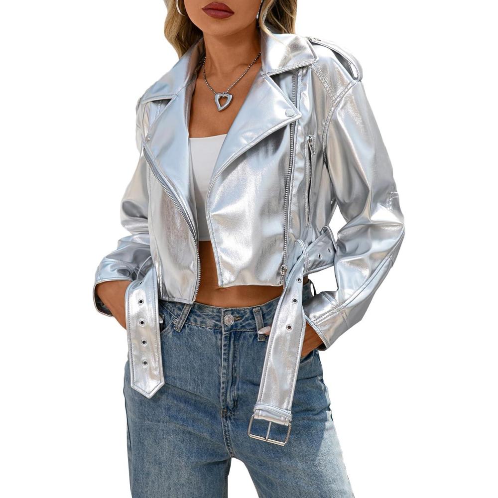 imageLY VAREY LIN Women Faux Leather Cropped Jacket Vegan Motor Biker Coat with BeltSilver