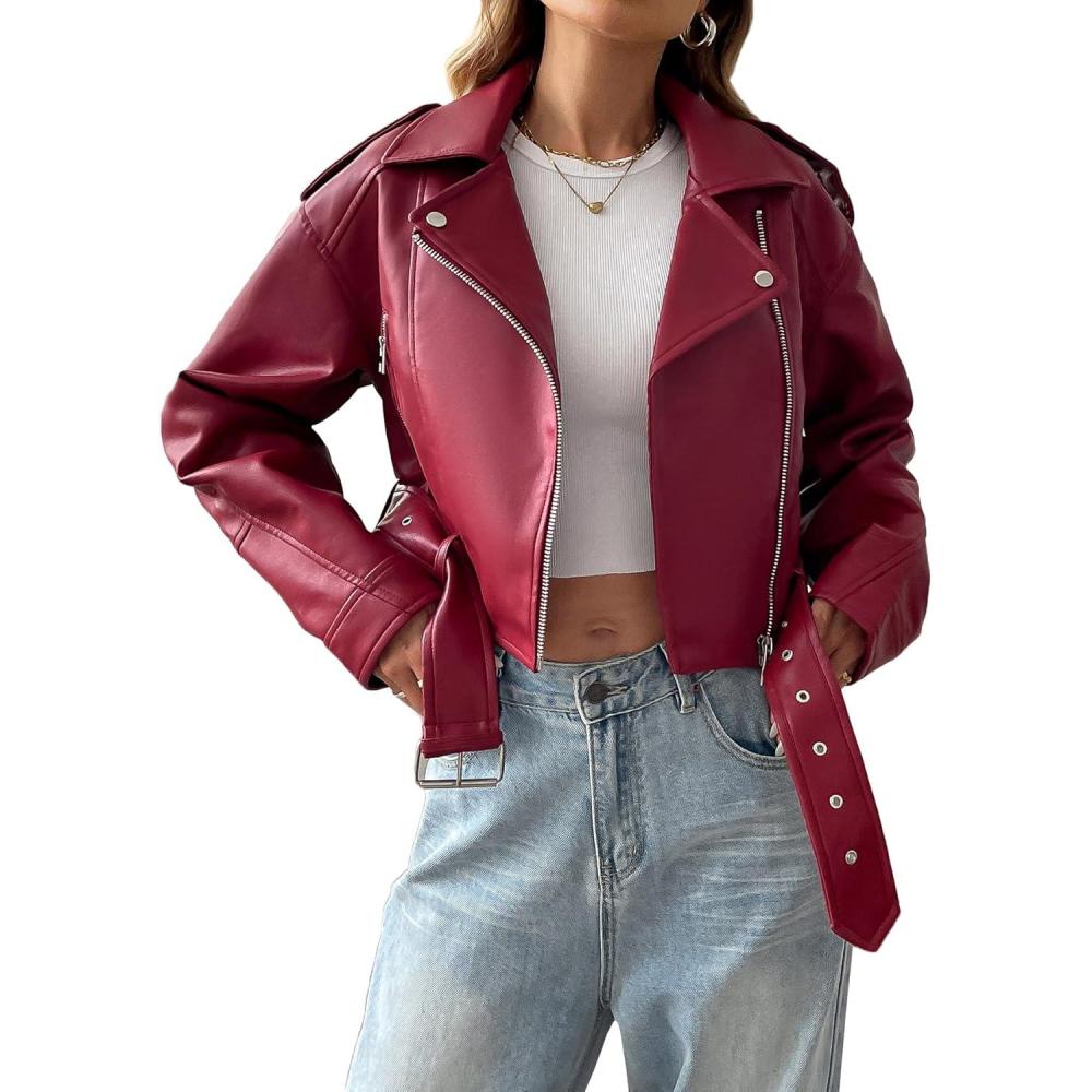 imageLY VAREY LIN Women Faux Leather Cropped Jacket Vegan Motor Biker Coat with BeltViolet Red