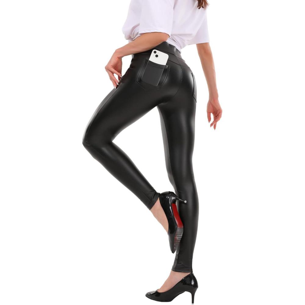 imageMCEDAR Womens Faux Leather Leggings with Pocket Plus Size Girls High Waisted Sexy Skinny PantsBlack