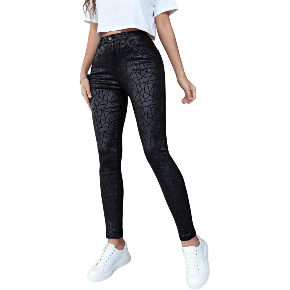 imageSOFIAS CHOICE Women Skinny Faux Leather Pants Low Rise Coated Stretchy Legging Pants with PocketsBlack Texture
