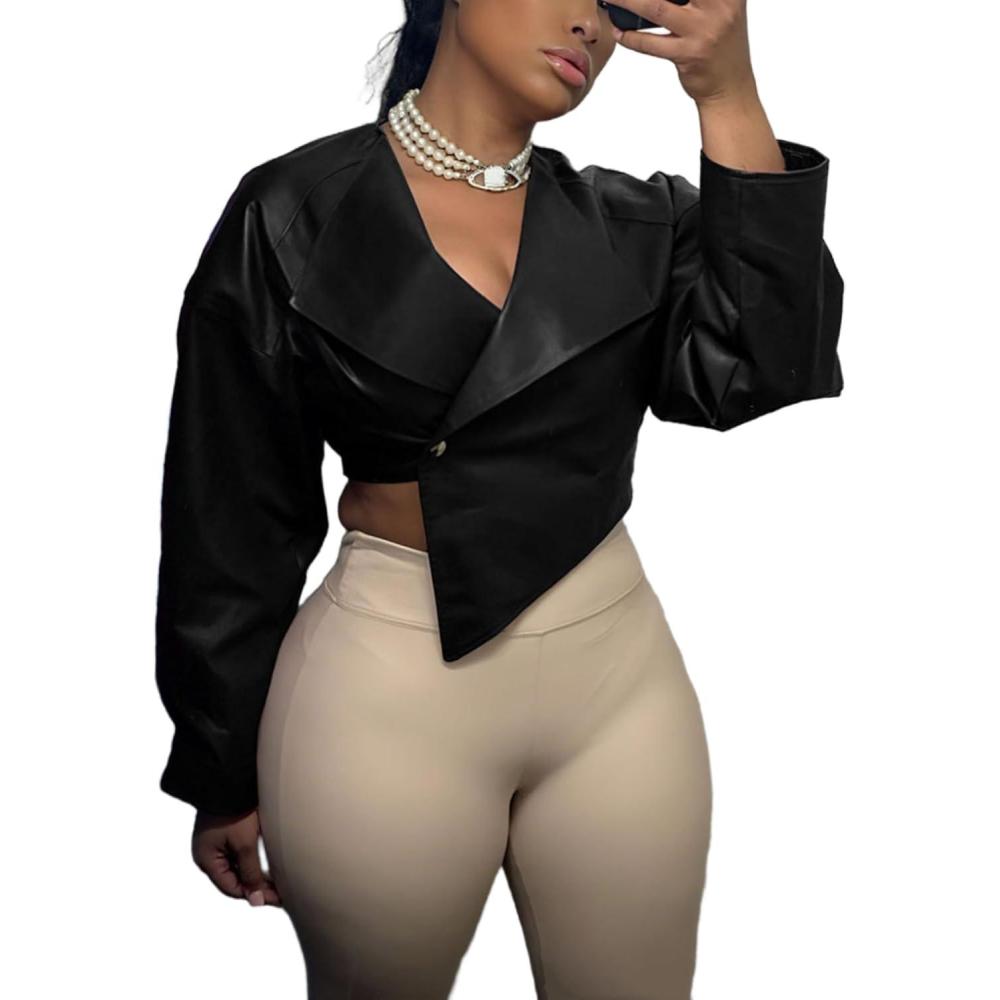 imageVaceky Womens PU Leather Cropped Jacket Trench Coat Asymmetrical Short Bomber JacketsBlack
