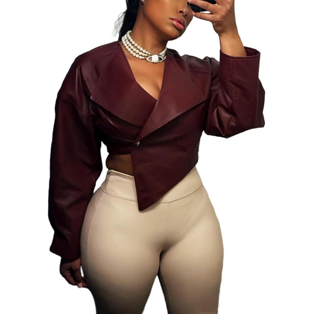 imageVaceky Womens PU Leather Cropped Jacket Trench Coat Asymmetrical Short Bomber JacketsBurgundy
