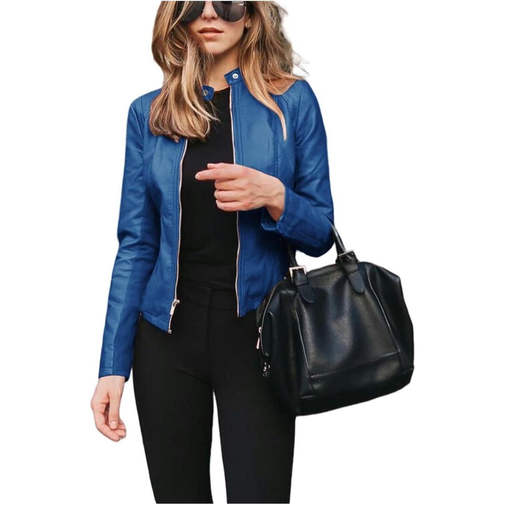 imageWomens Faux Leather Jackets Moto Biker Short Coat Jacket Zip Up Fall Fashion Motorcycle Jackets Trendy ClothesBlue