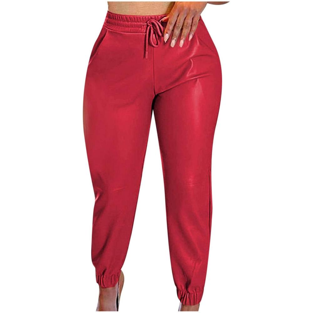 imageWomens High Waisted Stretch Leather Pants Pu Coated Legging Juniors Drawstring Athleisure Ankle Length Jogger PantsRed