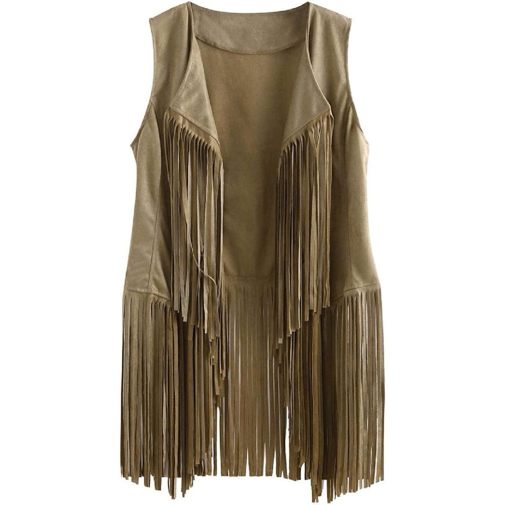 imageWomens Vintage Western Fringe Vest Tops Classic Suede Leather 70s Cowboy Shirt Sleeveless Tassels Cardigan JacketsBeige