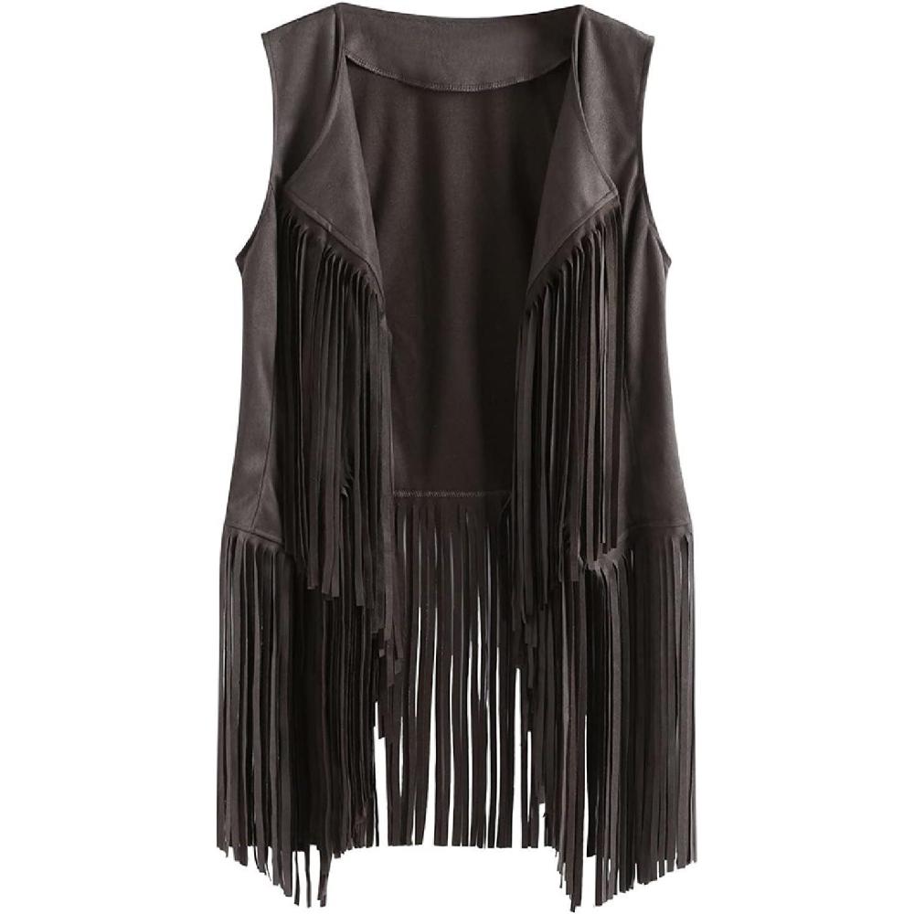 imageWomens Vintage Western Fringe Vest Tops Classic Suede Leather 70s Cowboy Shirt Sleeveless Tassels Cardigan JacketsGray
