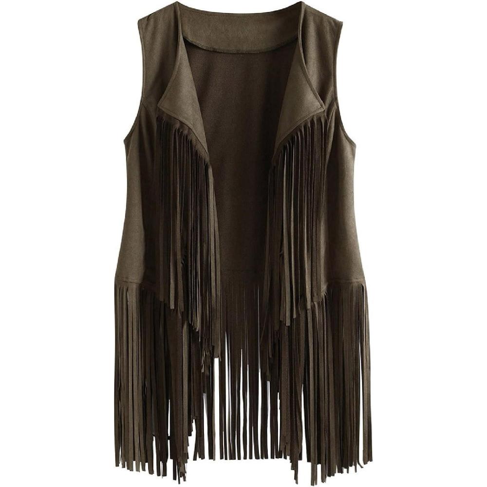imageWomens Vintage Western Fringe Vest Tops Classic Suede Leather 70s Cowboy Shirt Sleeveless Tassels Cardigan JacketsGreen