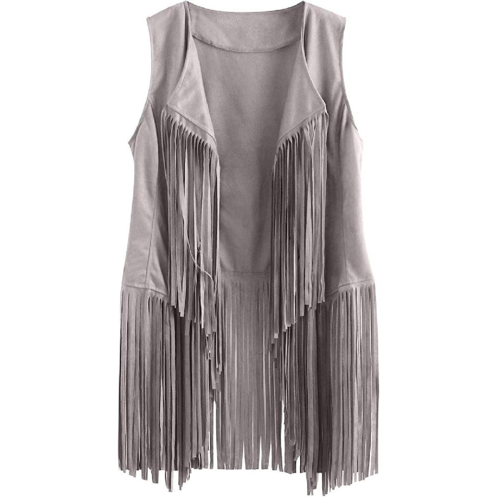 imageWomens Vintage Western Fringe Vest Tops Classic Suede Leather 70s Cowboy Shirt Sleeveless Tassels Cardigan JacketsLight Gray