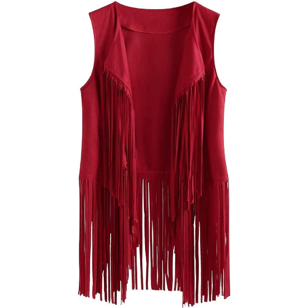 imageWomens Vintage Western Fringe Vest Tops Classic Suede Leather 70s Cowboy Shirt Sleeveless Tassels Cardigan JacketsRed
