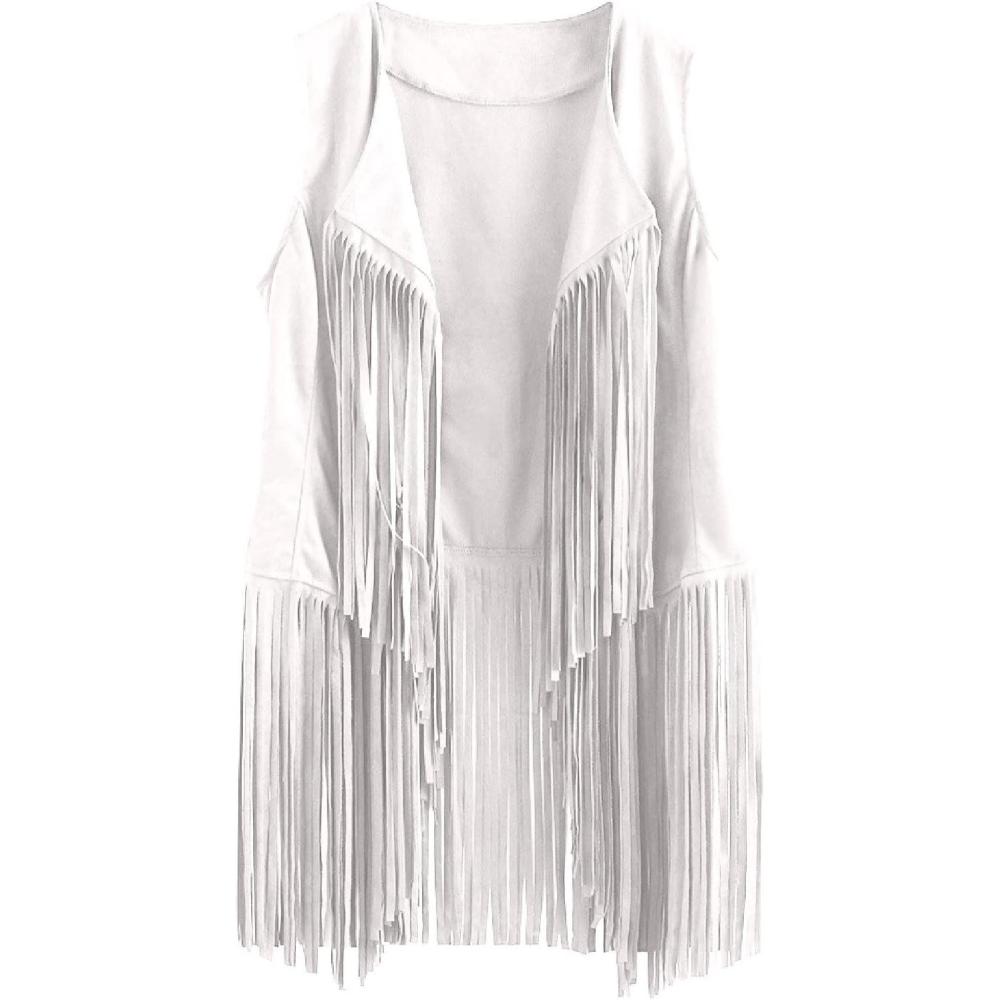 imageWomens Vintage Western Fringe Vest Tops Classic Suede Leather 70s Cowboy Shirt Sleeveless Tassels Cardigan JacketsWhite