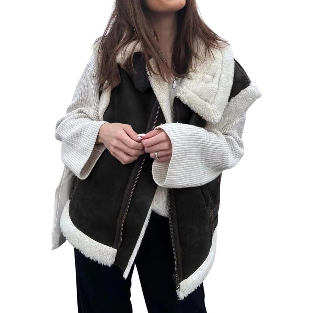 imageloveimgs Womens Winter Warm Suede Sherpa Leather Vest Jacket Zip Up Sleeveless Lambwool Fur Coat with PocketsBlack White