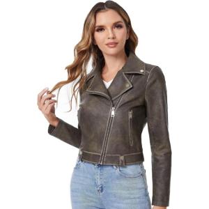 DIASHINY Faux Leather Jacket For Women Crop Short Cropped PU Slim Zip Up Moto Biker Coat Motorcycle Jackets(014 Brown)