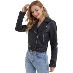 DIASHINY Faux Leather Jacket For Women Crop Short Cropped PU Slim Zip Up Moto Biker Coat Motorcycle Jackets(036 Black)
