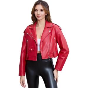 DIASHINY Faux Leather Jacket For Women Crop Short Cropped PU Slim Zip Up Moto Biker Coat Motorcycle Jackets(127 Red)