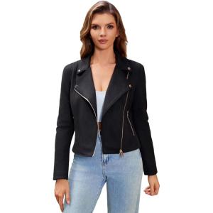 DIASHINY Faux Leather Jacket For Women Crop Short Cropped PU Slim Zip Up Moto Biker Coat Motorcycle Jackets(143 Black)