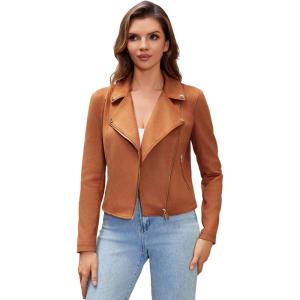 DIASHINY Faux Leather Jacket For Women Crop Short Cropped PU Slim Zip Up Moto Biker Coat Motorcycle Jackets(143 Light Brown)
