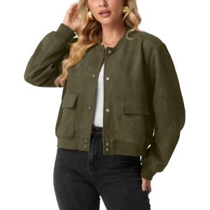 GRECERELLE Womens Faux Suede Leather Bomber Jacket Cropped Button Down Long Sleeve Casual Varsity Baseball With Pockets(Army Green)