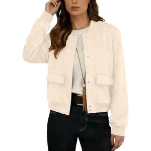 GRECERELLE Womens Faux Suede Leather Bomber Jacket Cropped Button Down Long Sleeve Casual Varsity Baseball With Pockets(Beige)