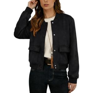 GRECERELLE Womens Faux Suede Leather Bomber Jacket Cropped Button Down Long Sleeve Casual Varsity Baseball With Pockets(Black)
