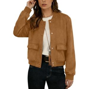 GRECERELLE Womens Faux Suede Leather Bomber Jacket Cropped Button Down Long Sleeve Casual Varsity Baseball With Pockets(Camel)