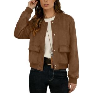 GRECERELLE Womens Faux Suede Leather Bomber Jacket Cropped Button Down Long Sleeve Casual Varsity Baseball With Pockets(Dark Coffee)