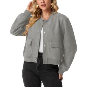 GRECERELLE Womens Faux Suede Leather Bomber Jacket Cropped Button Down Long Sleeve Casual Varsity Baseball With Pockets(Grey)